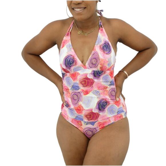 NWT Joan Vass Pink Rose Floral One Piece Swimsuit Size Medium Halter Ruched NEW - Picture 8 of 8